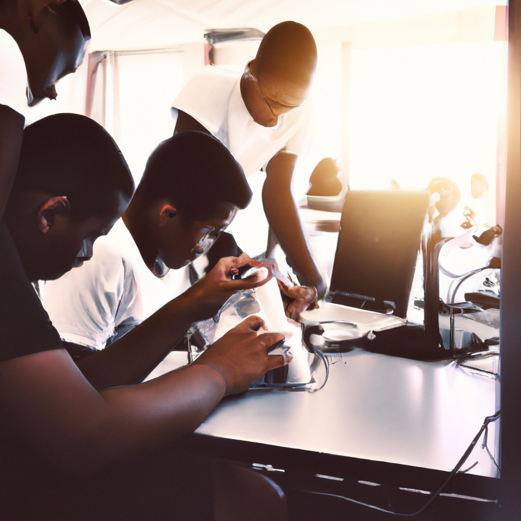 Élèves des îles francophones assemblant des robots dans une salle lumineuse avec vue sur l’océan; style minimal et net, couleurs naturelles, ambiance studieuse.